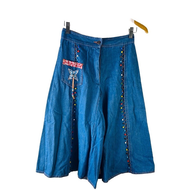 VTG 70s Womens 11/12 Rainbow Embellished Wide Leg Gaucho Jeans Hippy Festival