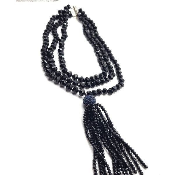 Vintage 925 Jet Triple Layer Stranded Beaded Necklace with 4in Tassel 14in