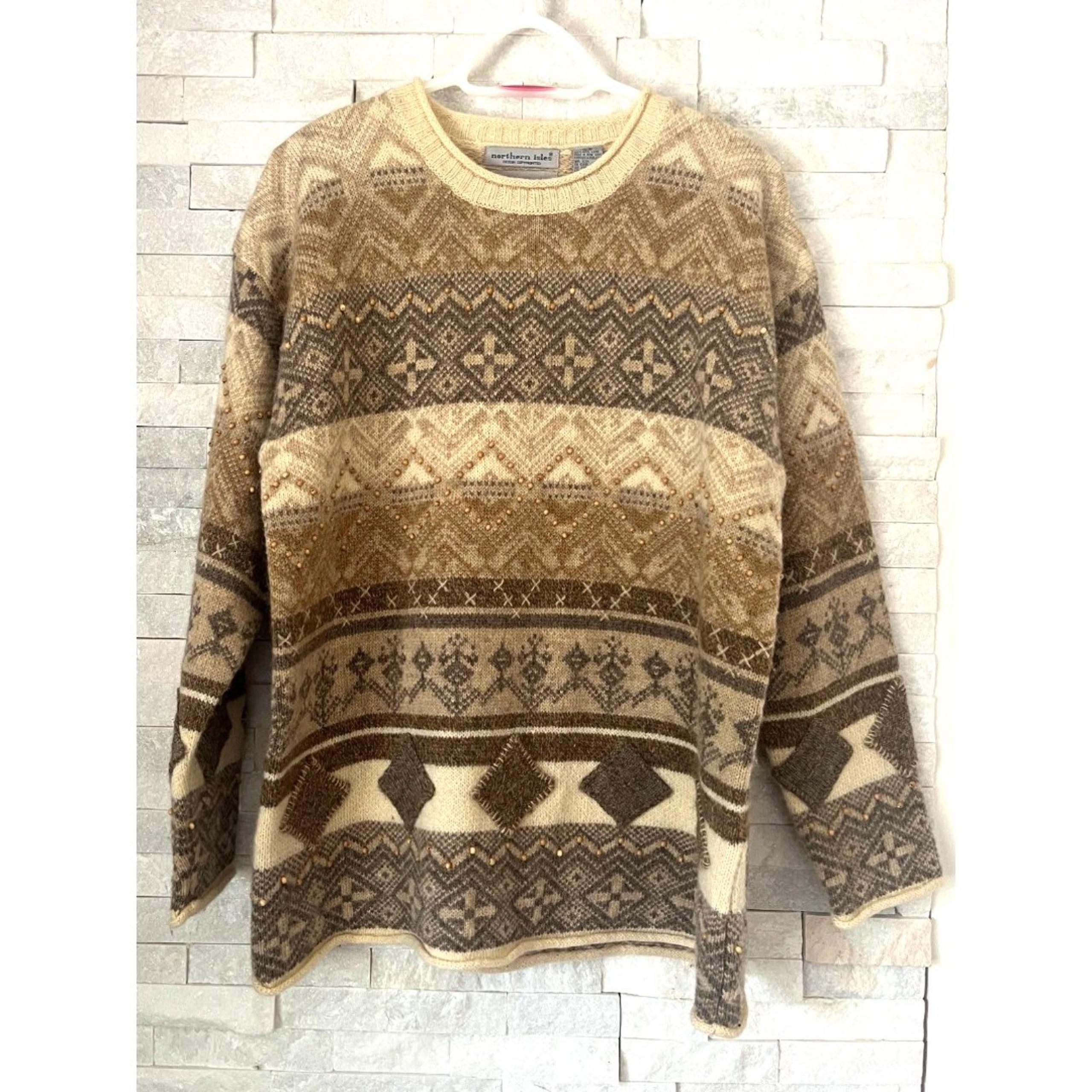 Northern Isles Brown 100% Wool Hand Embroidered Sweater Top  Women's Size Large