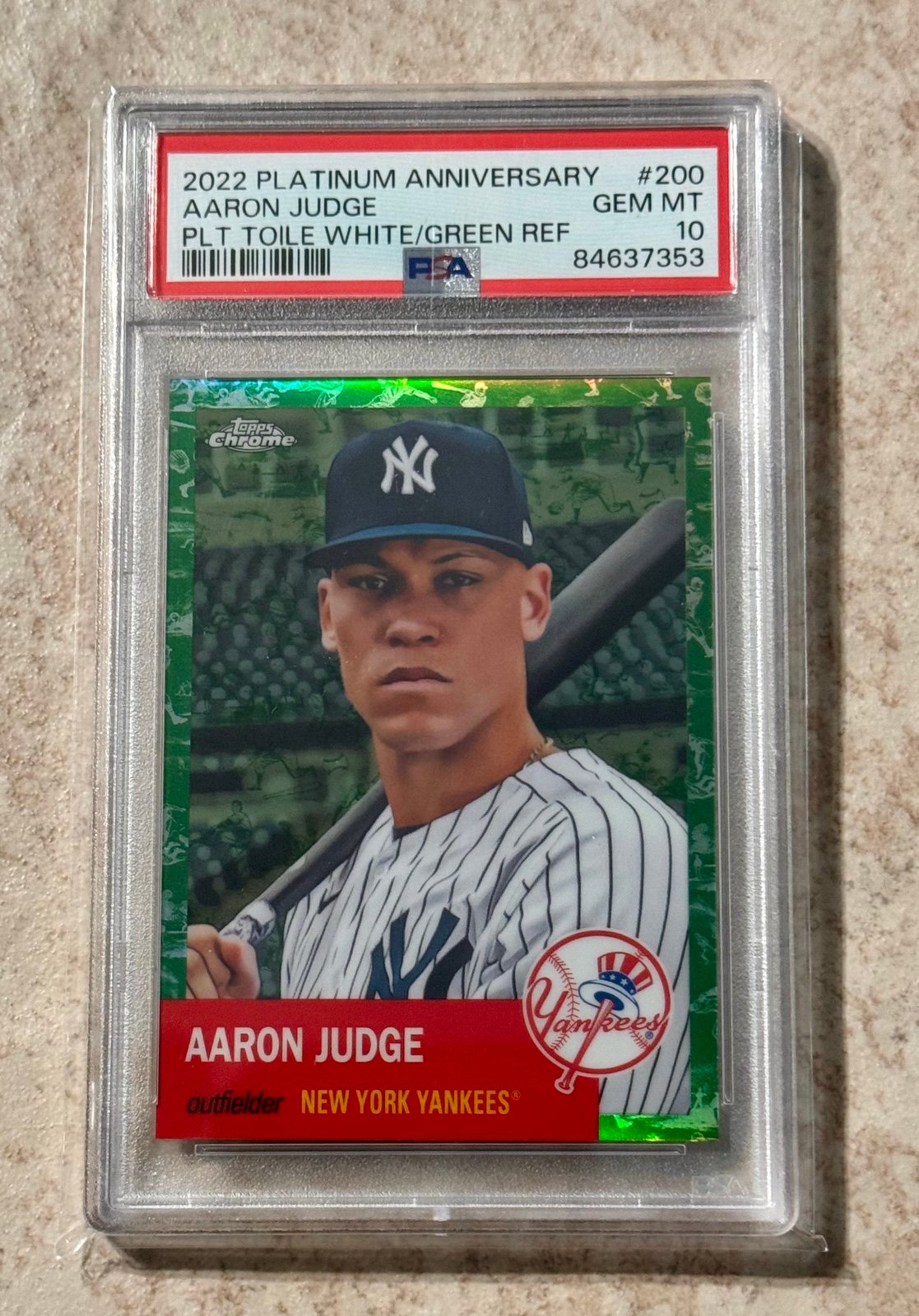 2022 Topps Aaron Judge Chrome Platinum Toile White Green #68/99 #200 PSA 10 GEM