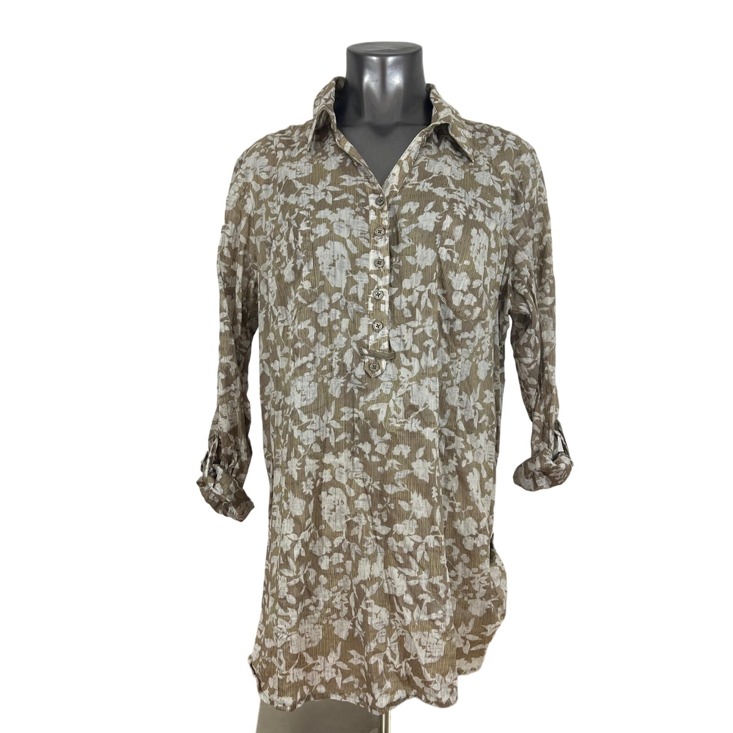 Coldwater Creek Women's Popover Top Roll-Tab Sleeves Brown Floral Collared 2X