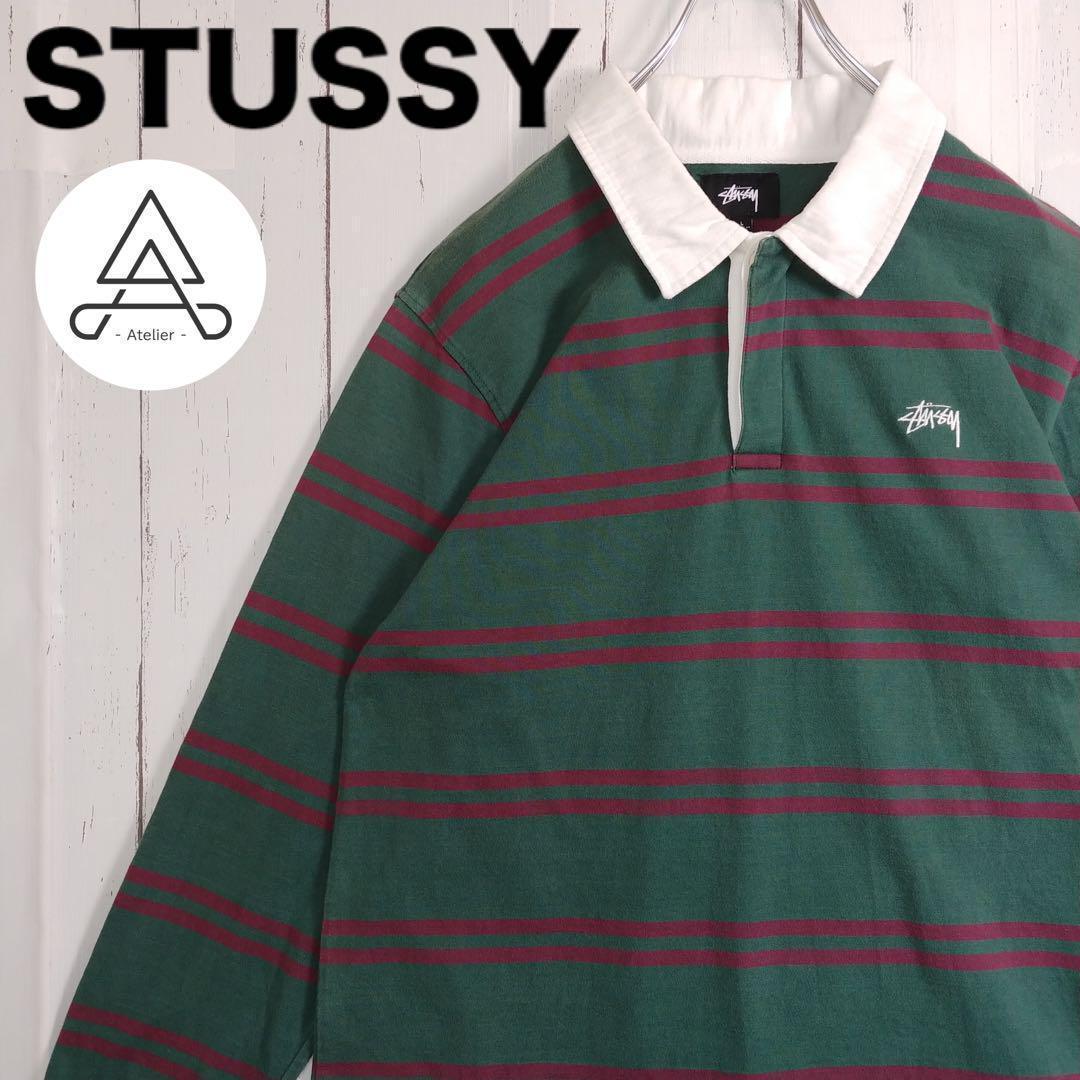【Rare Design】Stussy Long Sleeve Polo Shirt Multi-Border Pattern Excellent Condition Green Purple L