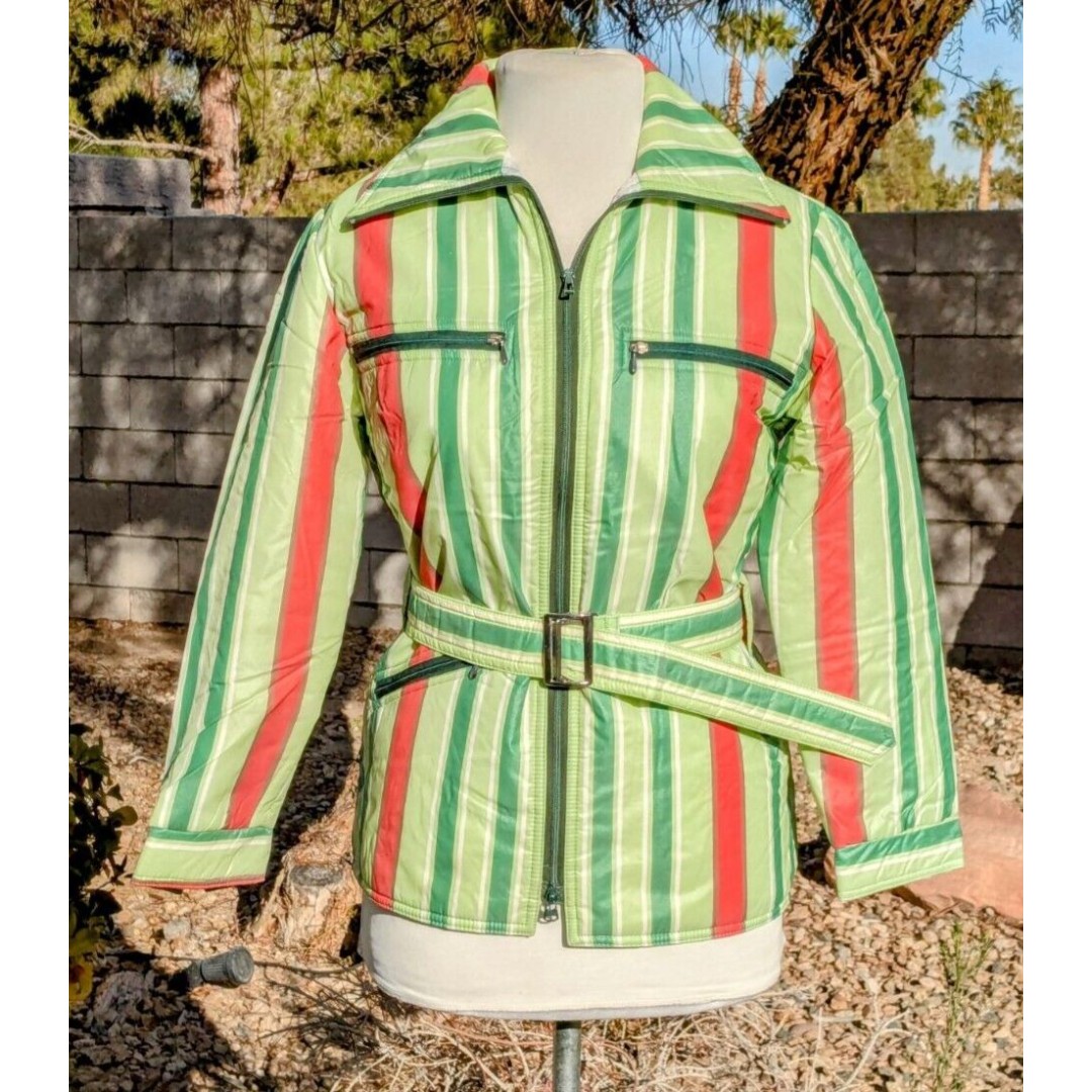 VTG 1970s Women's Petite Small Striped Nylon SkiDress France Parka Jacket EUC