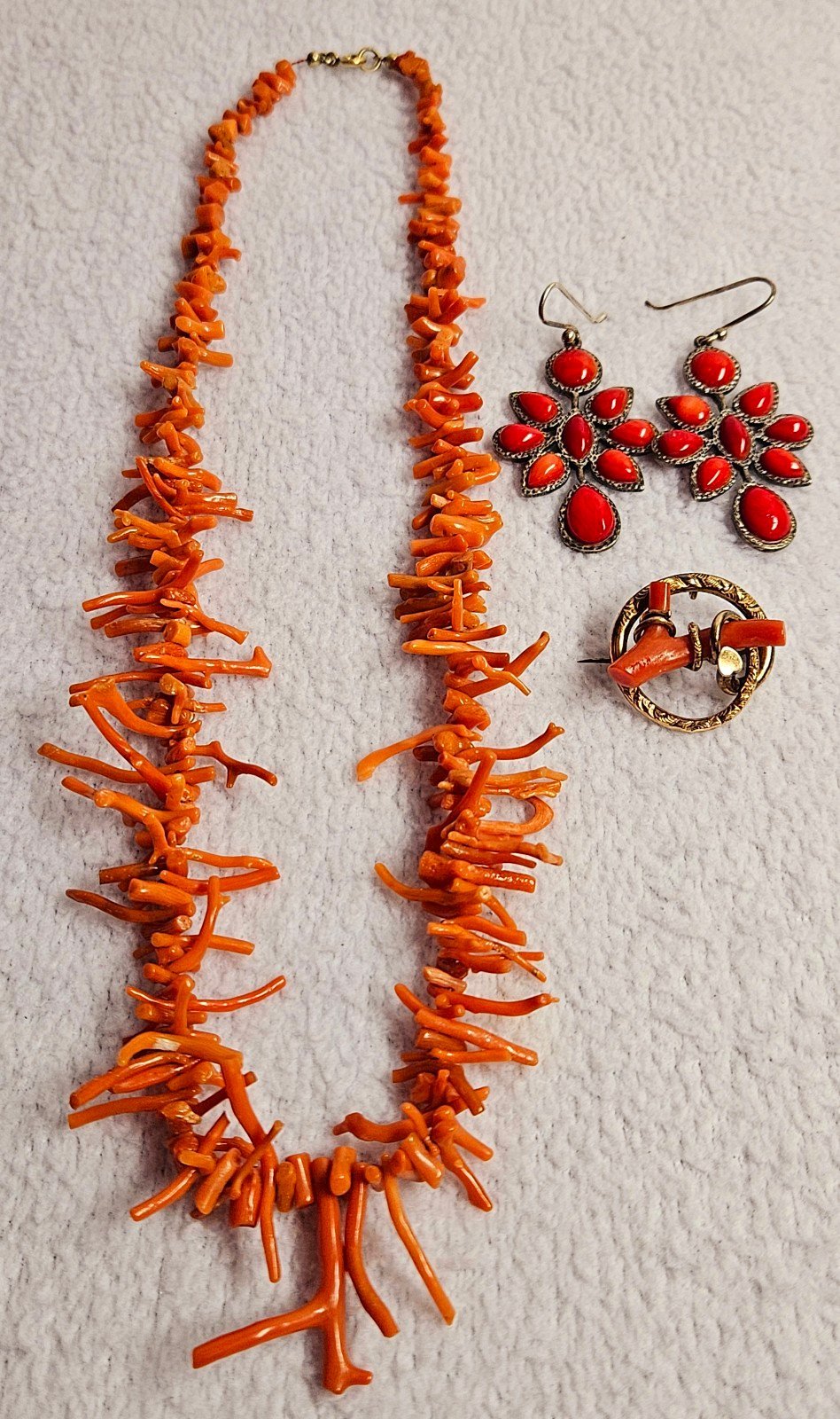 Vintage Red Coral Necklace, Earrings 925 And Brooch 14k Gold Filled Lot Of 3
