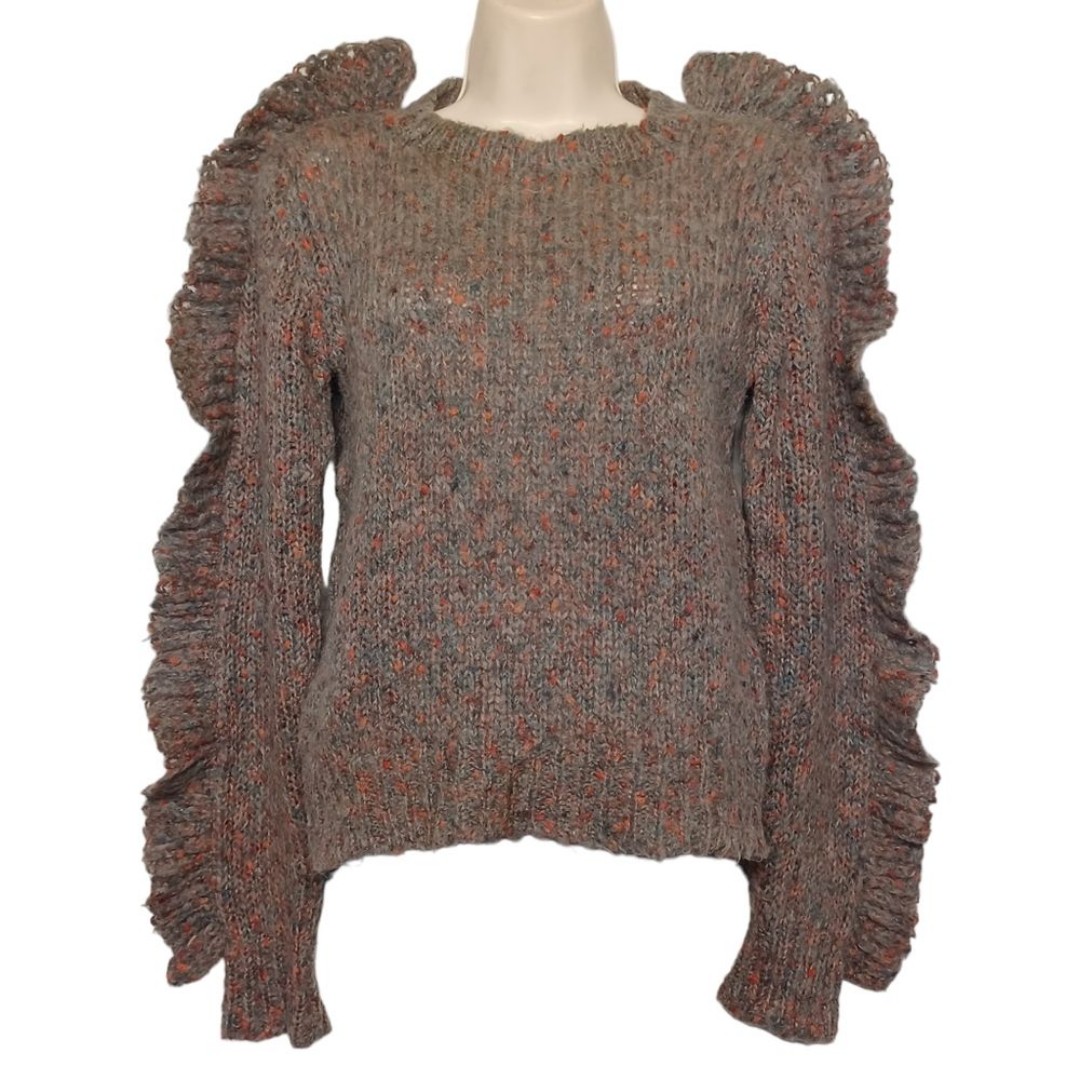VTG JONA 100% Wool Orange Gray Ruffle Long Sleeve Knit Sweater Top Small Petite