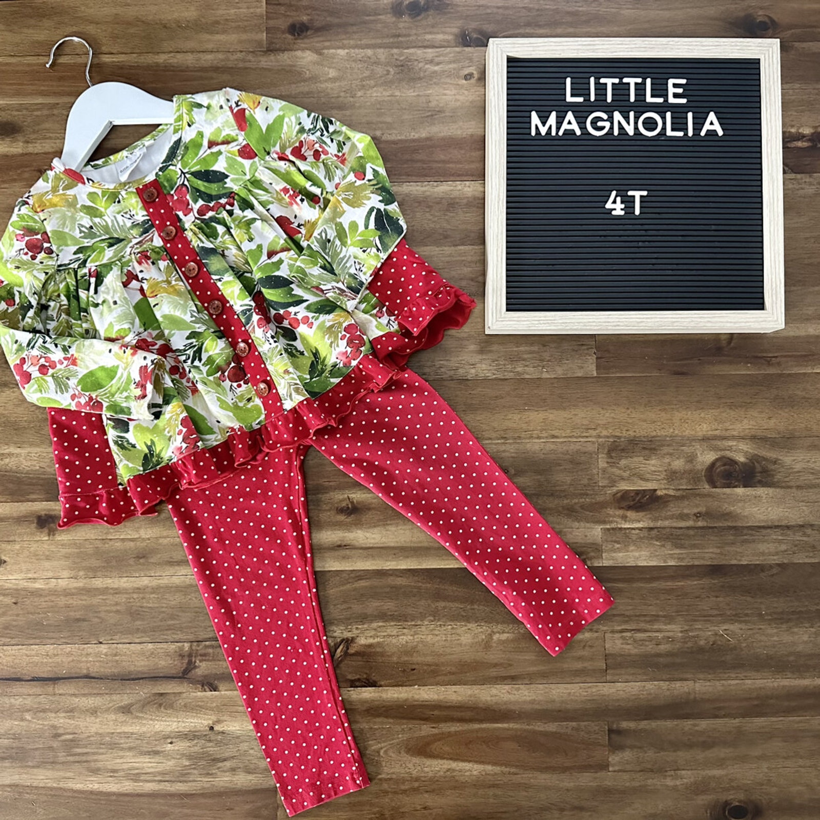 Little Magnolia Penny Play Pants Red Green Floral Winter Berries Long Sleeve 4T