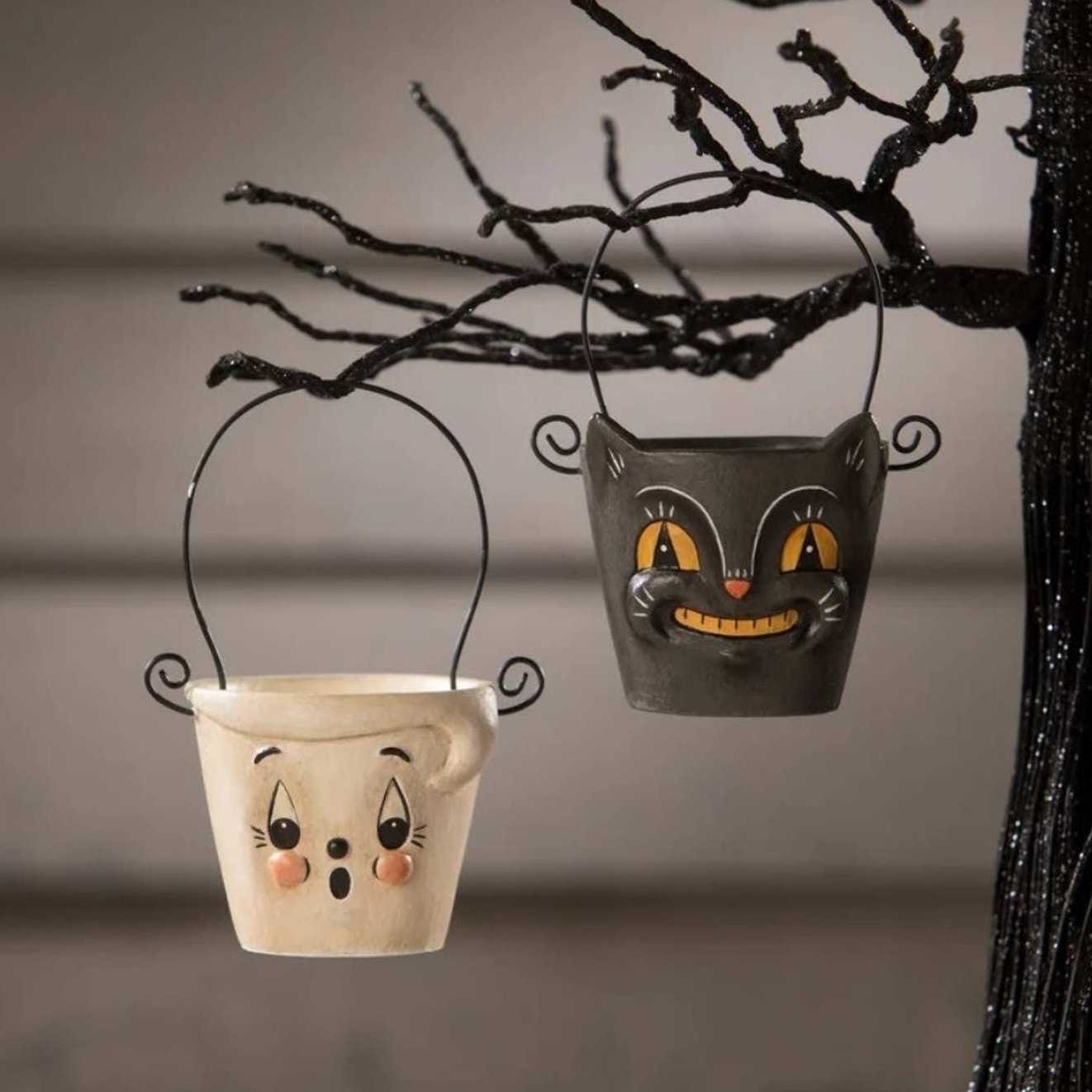 New Bethany Lowe Johanna Parker 2 Boo & Cat Teeny Halloweenie Pail Ornaments