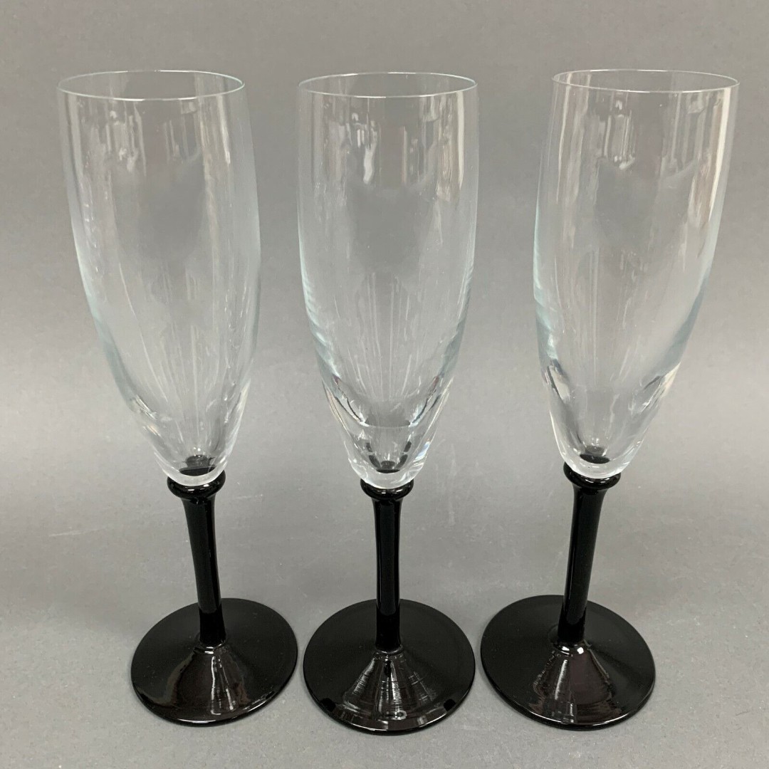 Fluted Champagne Glass Glasses Clear Bowl Black Stem 9 high Lot of 3