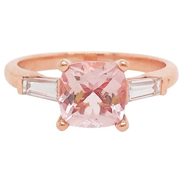 1.50Ct Natural Cushion Pink Morganite & Diamond Baguette Solitaire Ring 14k Rose