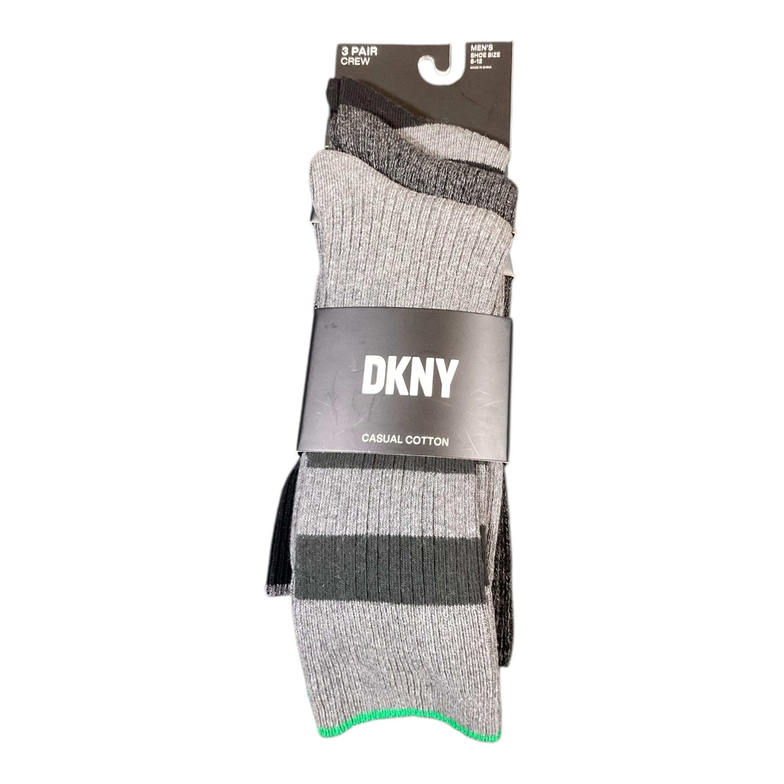 DKNY 3 Pair Crew Casual Socks Black Grey Size 8-12 Striped Dress Preppy Cotton