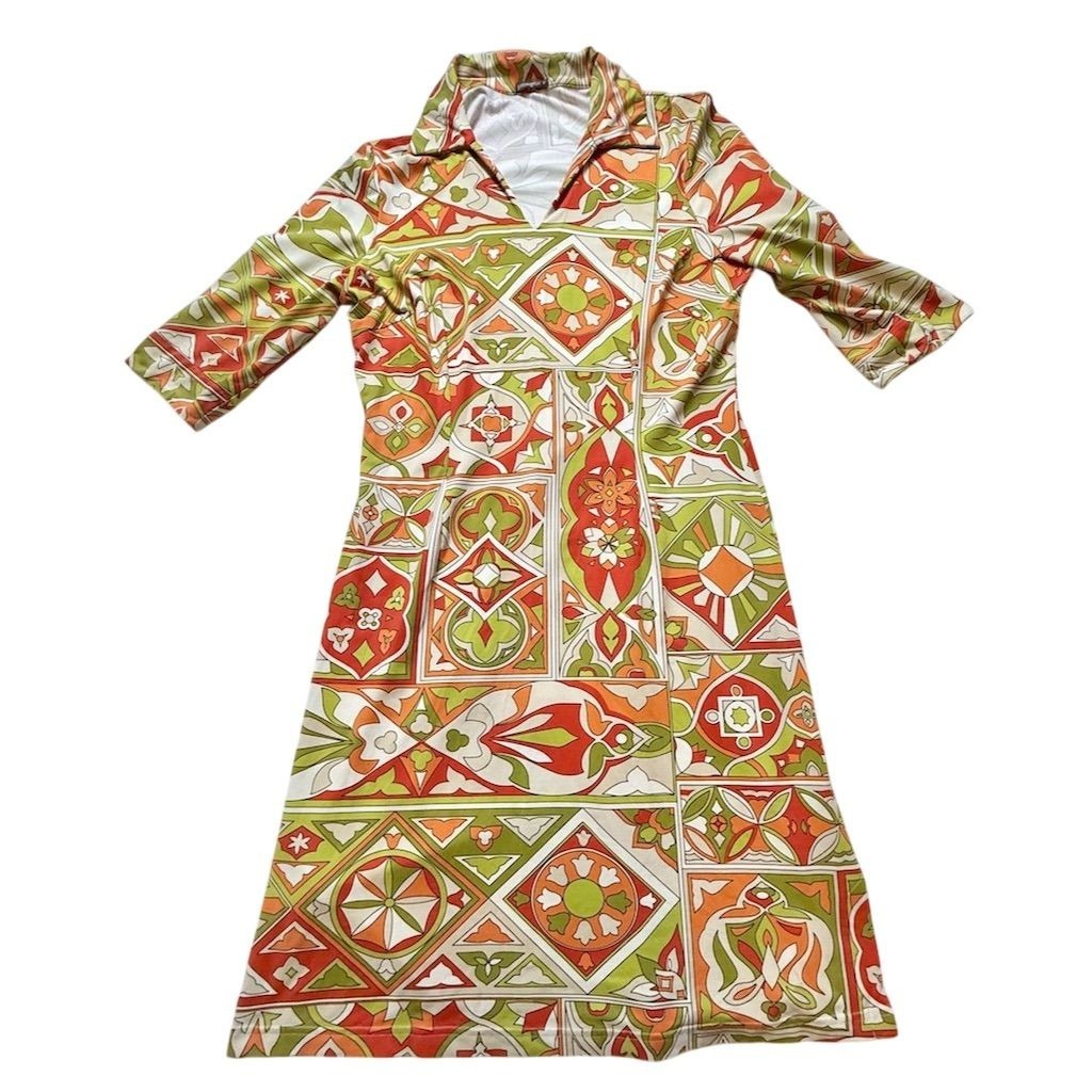 J. McLaughlin Catalina Cloth Womens M Geometric Print Midi Dress VTG groovy 3/4