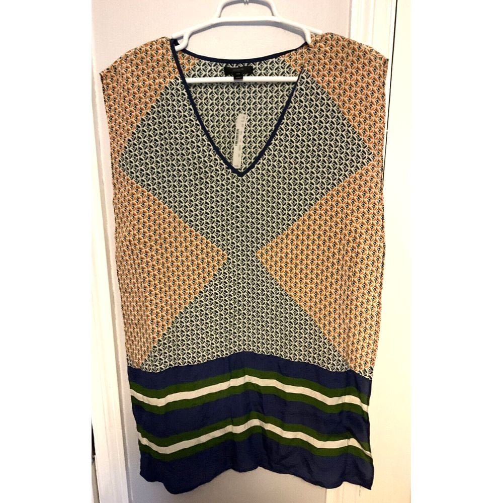 J. Crew Womens Silk Geometric Blouse Tunic Silk XXS Blue Beige Beach Coverup