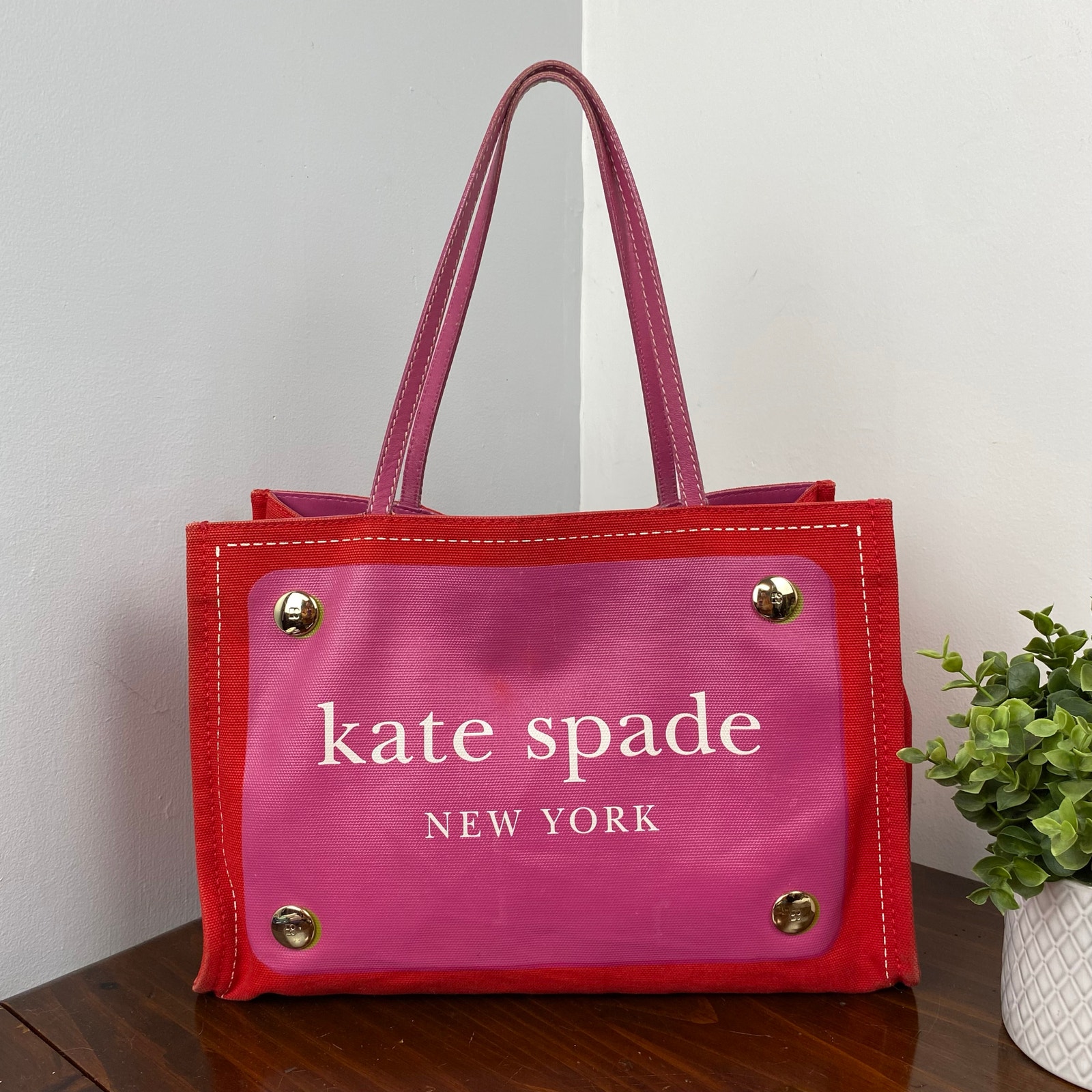 Kate Spade Red License Plate Canvas Medium Shopper Tote Bag Poppy Pink