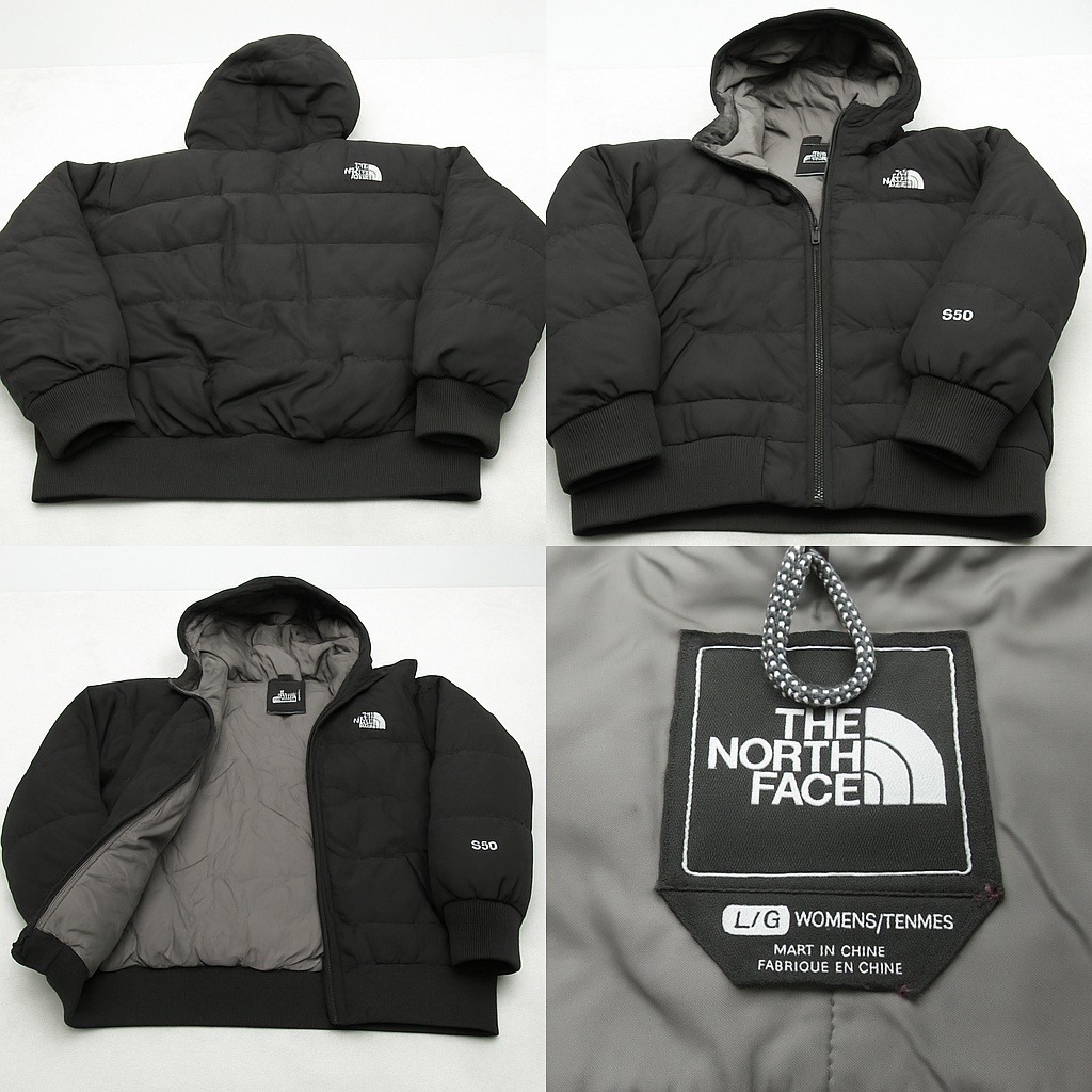 North Face Down Bomber Jacket Womens Large Black 550 Fill Hooded Full Zip Read