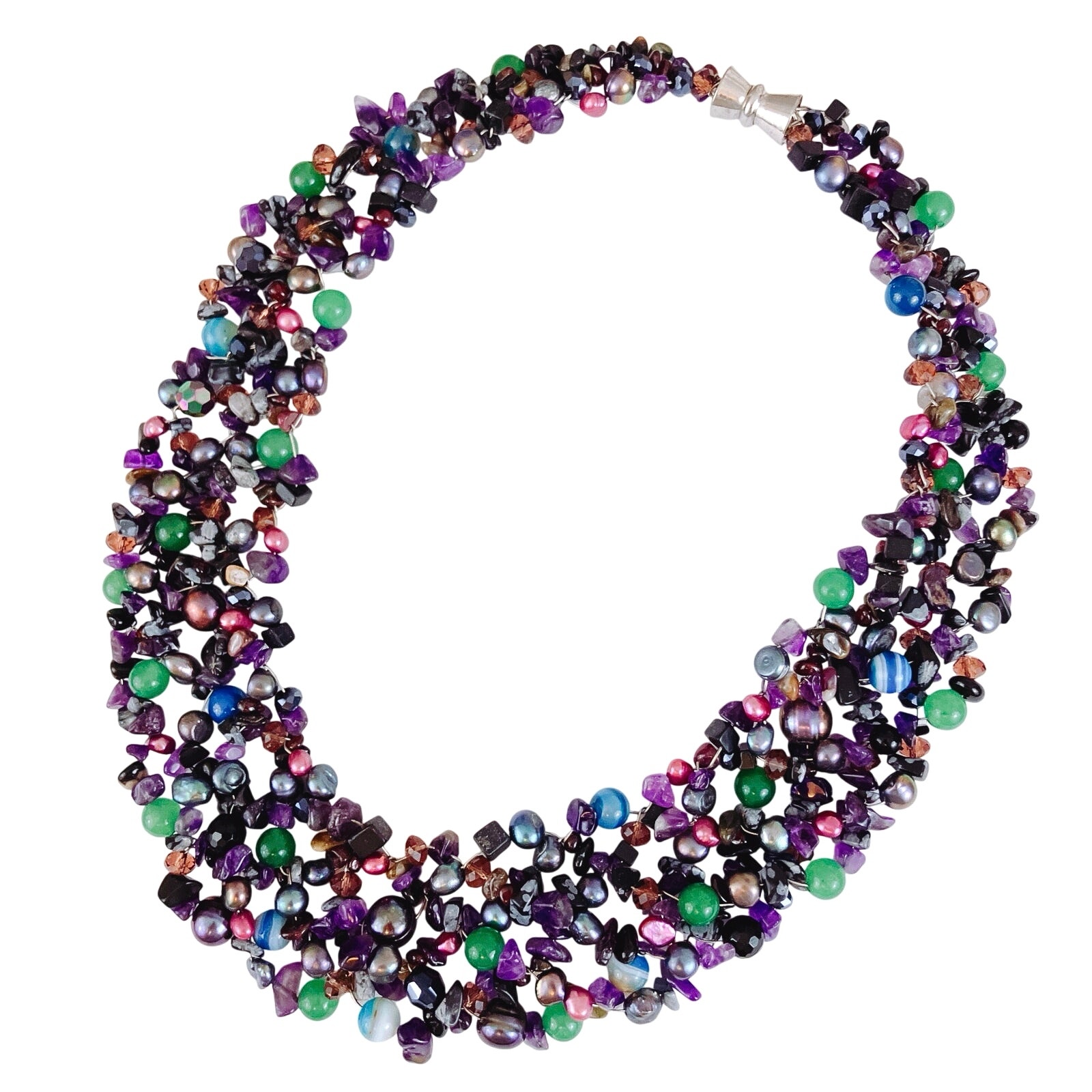 VTG Amethyst Jade Quartz Bib Necklace Mesh Collar Statement Boho Y2K Artisan