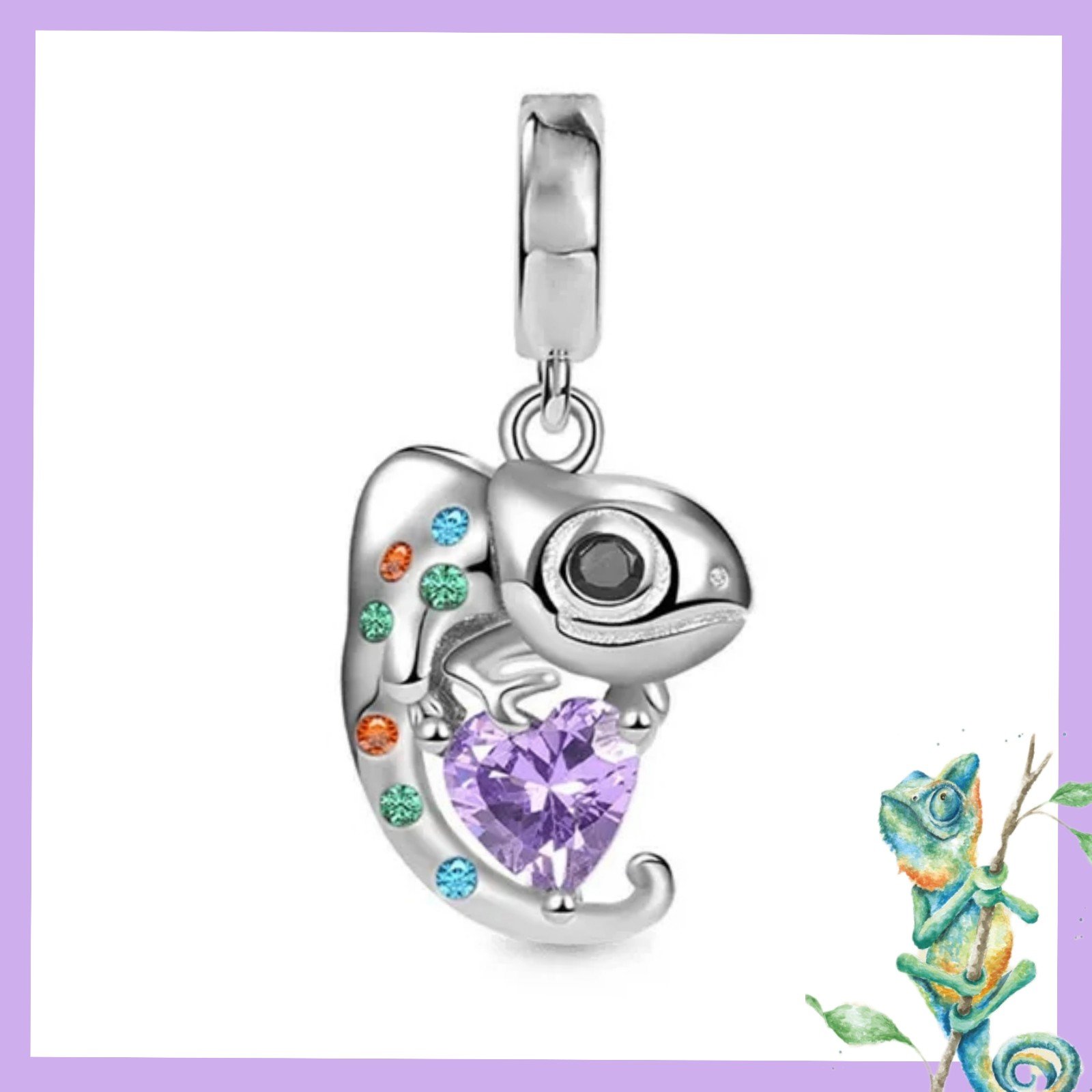 S925 Sterling Silver Colorful Chameleon Lizard Crystal Heart Charm