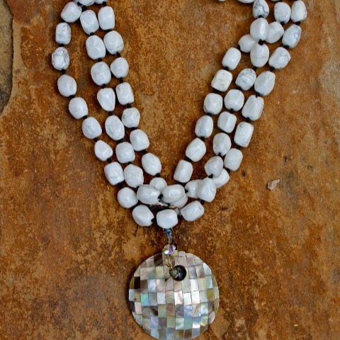 Designer 3 Strand Natural Howlite Bead with Mother of Pearl Inlaid Shell Pendant