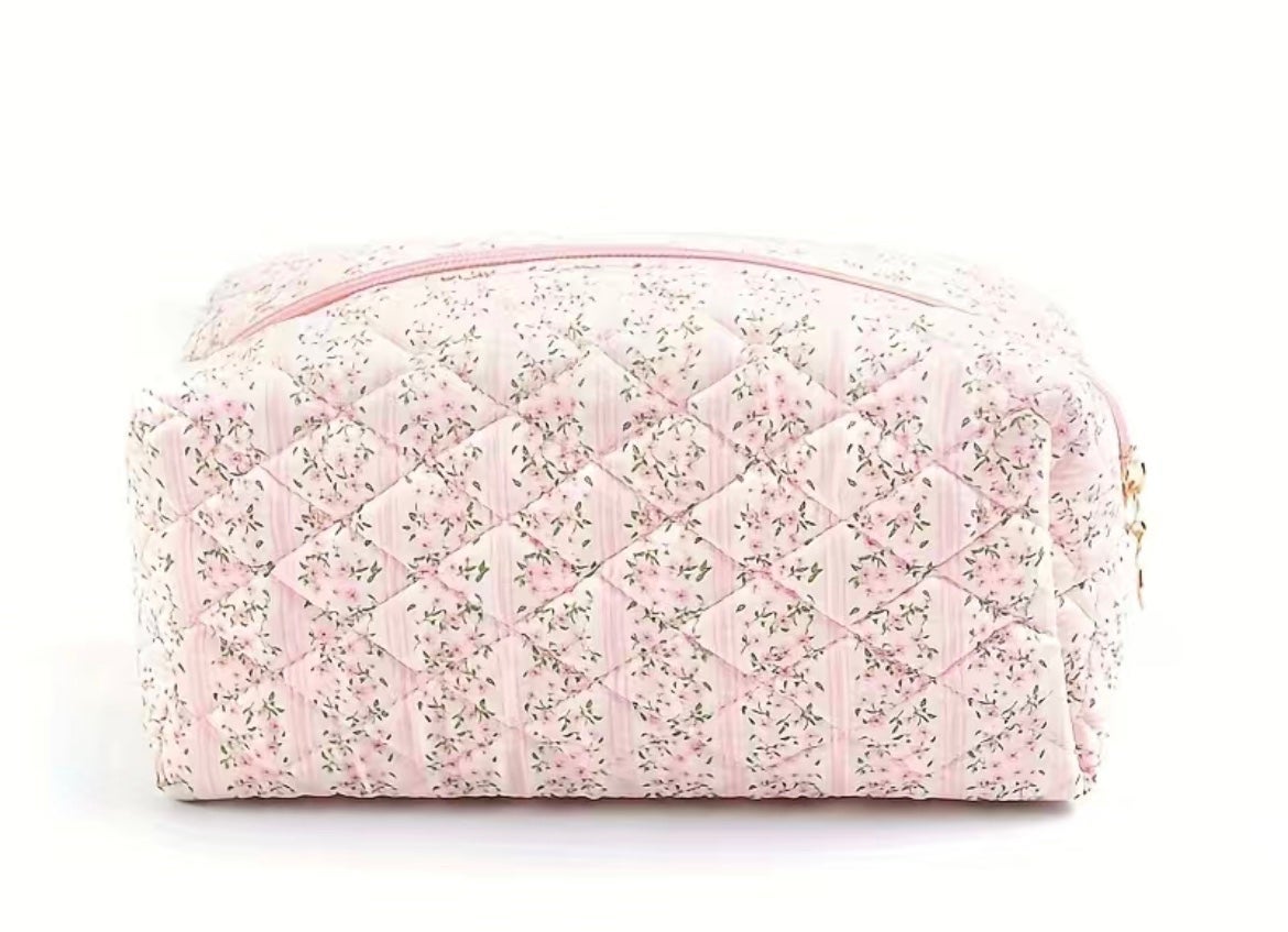 Cute Pink Floral Quilted Makeup Bag