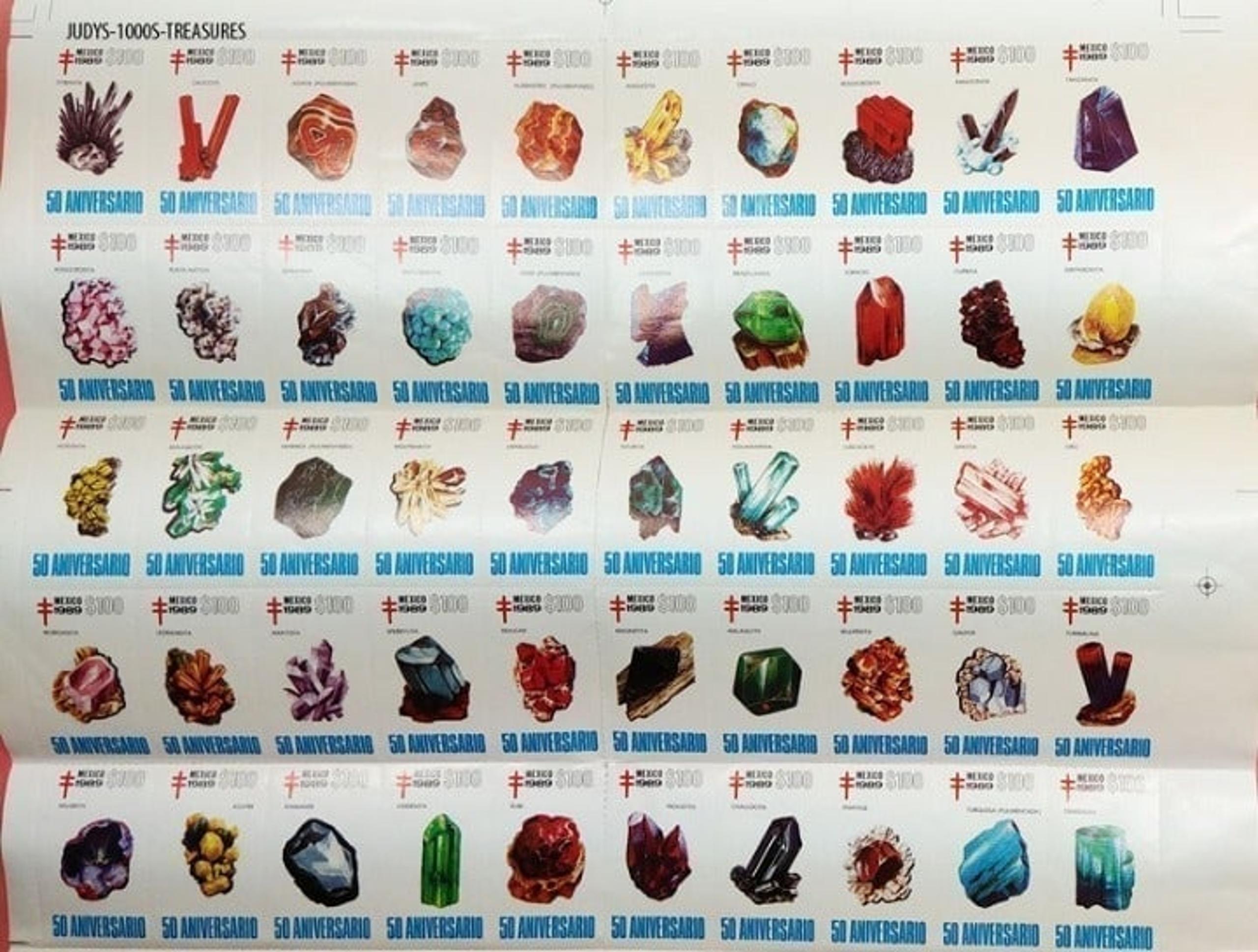 50 STAMPS FULL SHEET MEXICO 1989 MINERAL SPECIMENS 50th ANIVERSARIO