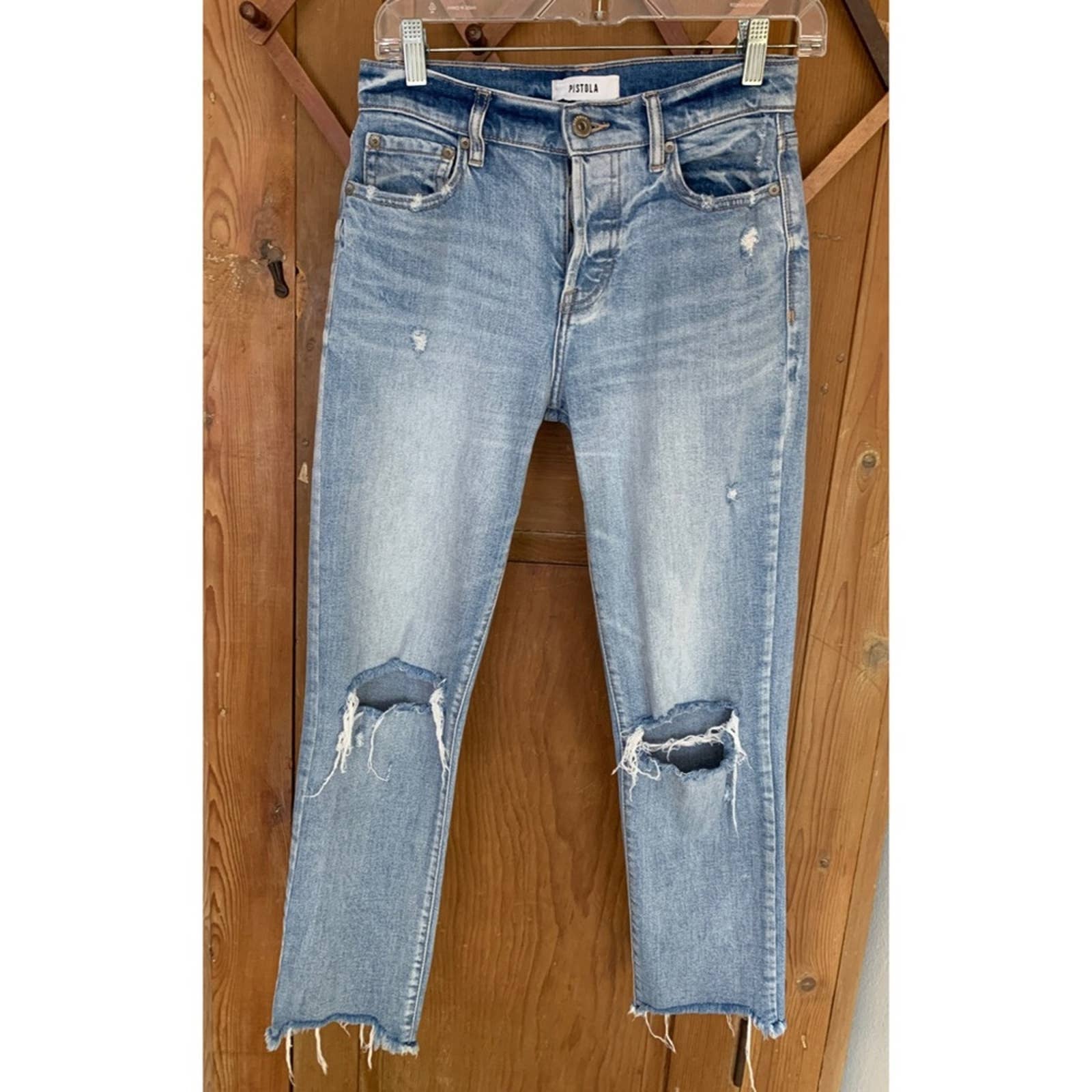 Pistola distressed light wash busted knee ankle cropped high waisted jeans