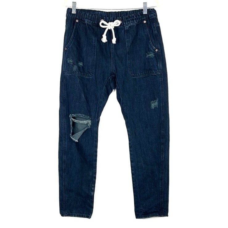 NEW One Teaspoon Shabbies pull on drawstring distressed cotton boyfriend jeans S