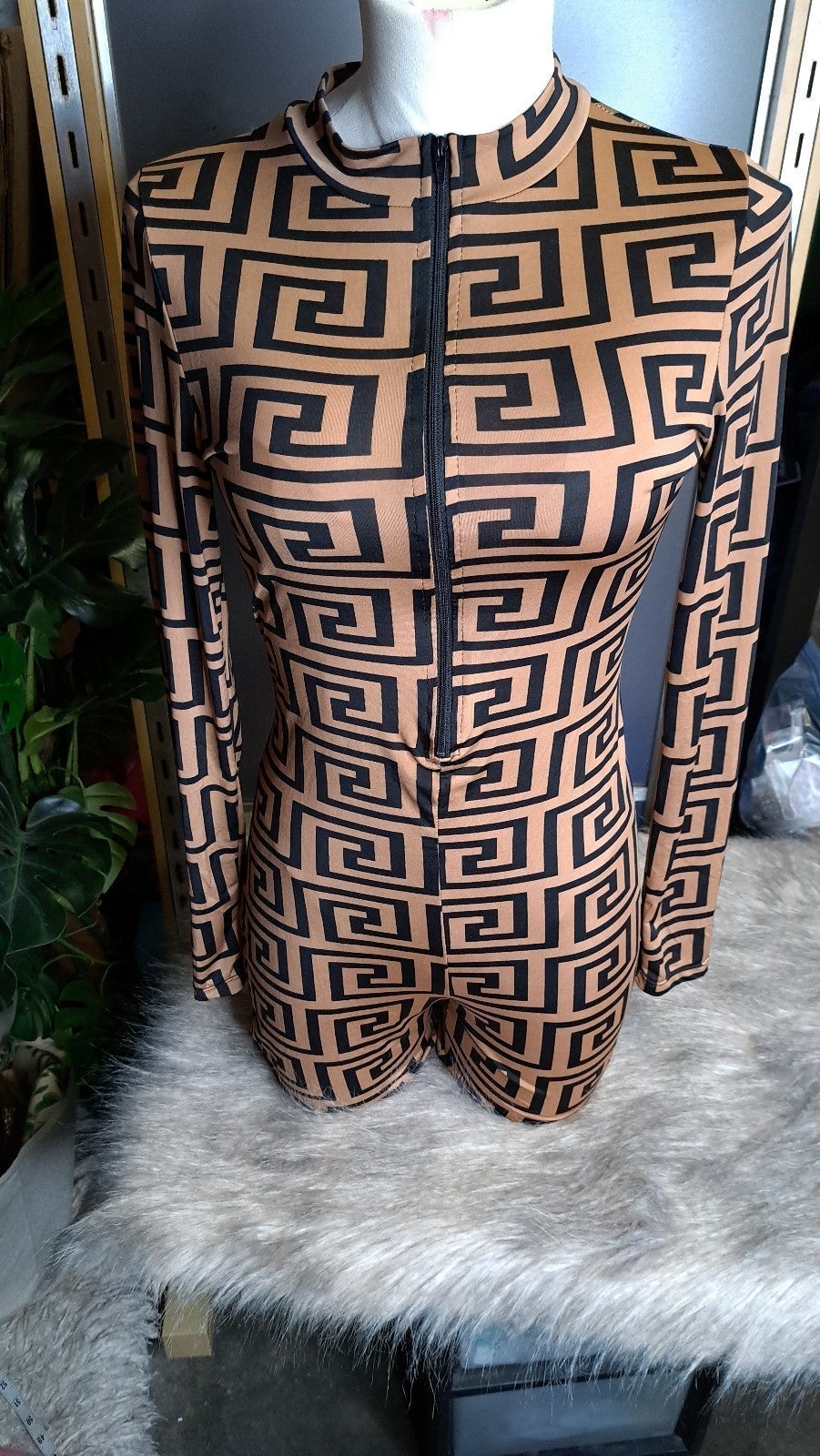 Fendi Inspried Tan Black Mock Neck Zip Front Long Sleeve Romper Large Stretch