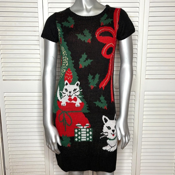 Xhilaration Cat Christmas Tree Sweater Dress Ugly Xmas Knit Black M 2000s Y2K