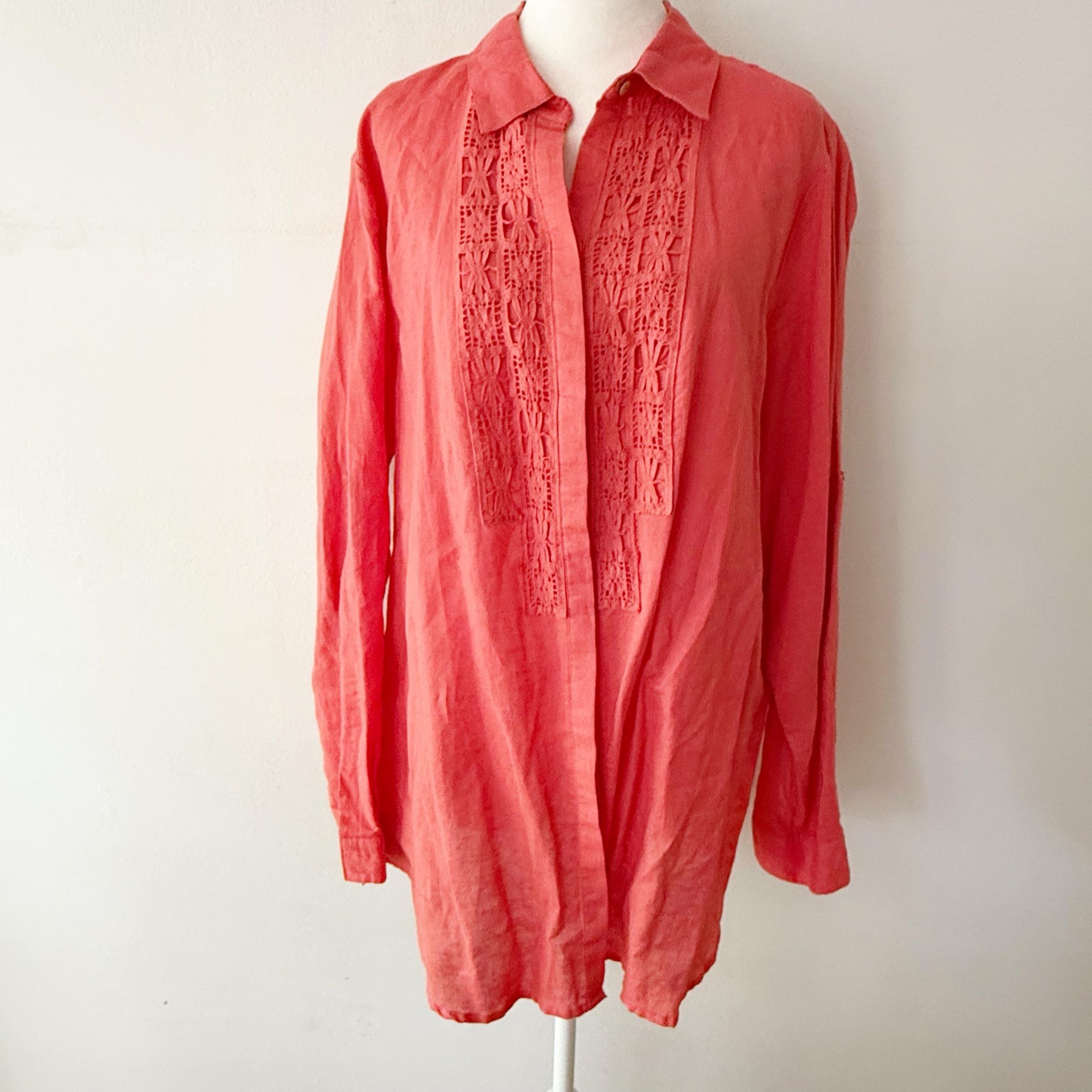 Max Studio Linen Cotton Crochet Lace Collar Button Down Top Womens Plus Size 2X