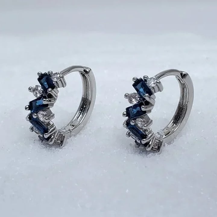 14K White Gold Womens 2ct Blue Sapphire Gemstone 1ct Diamond Small Hoop Earrings
