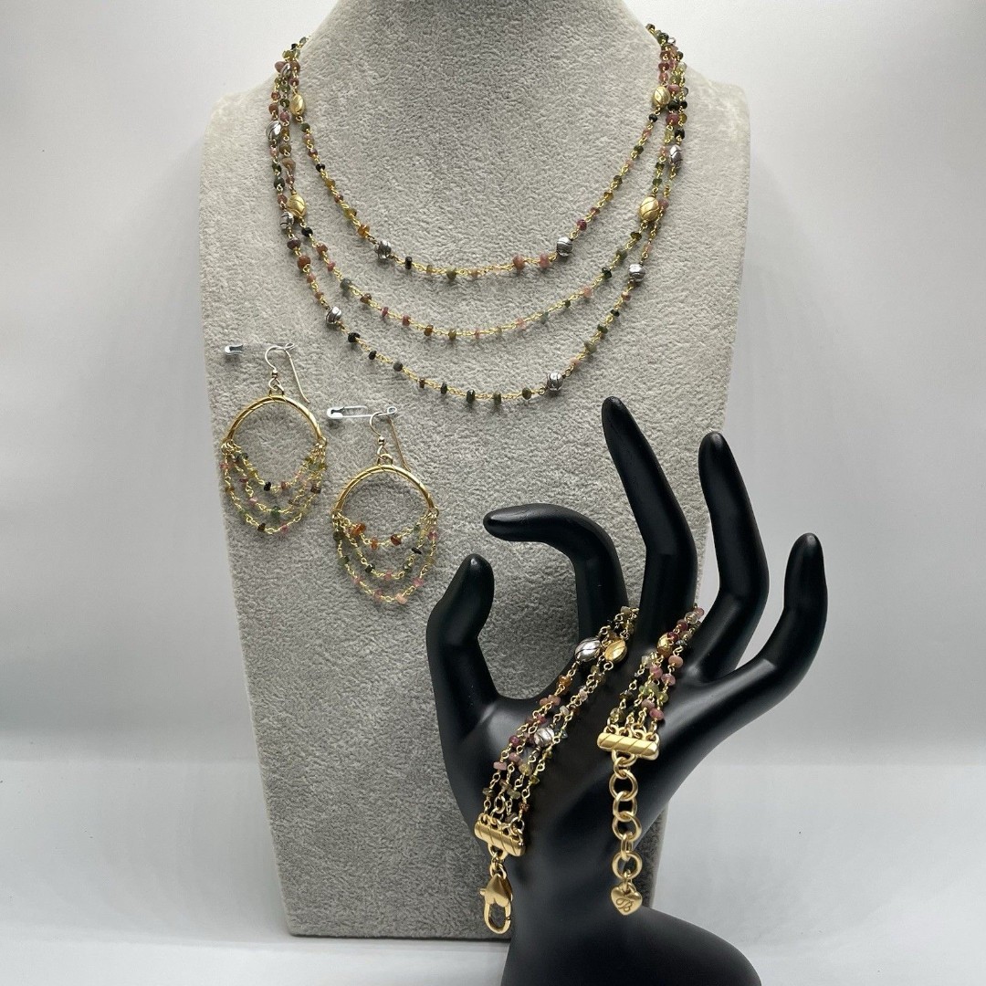 Brighton Harmony Hues 3 Strand Gold Tone Necklace Set With Earrings Bracelet