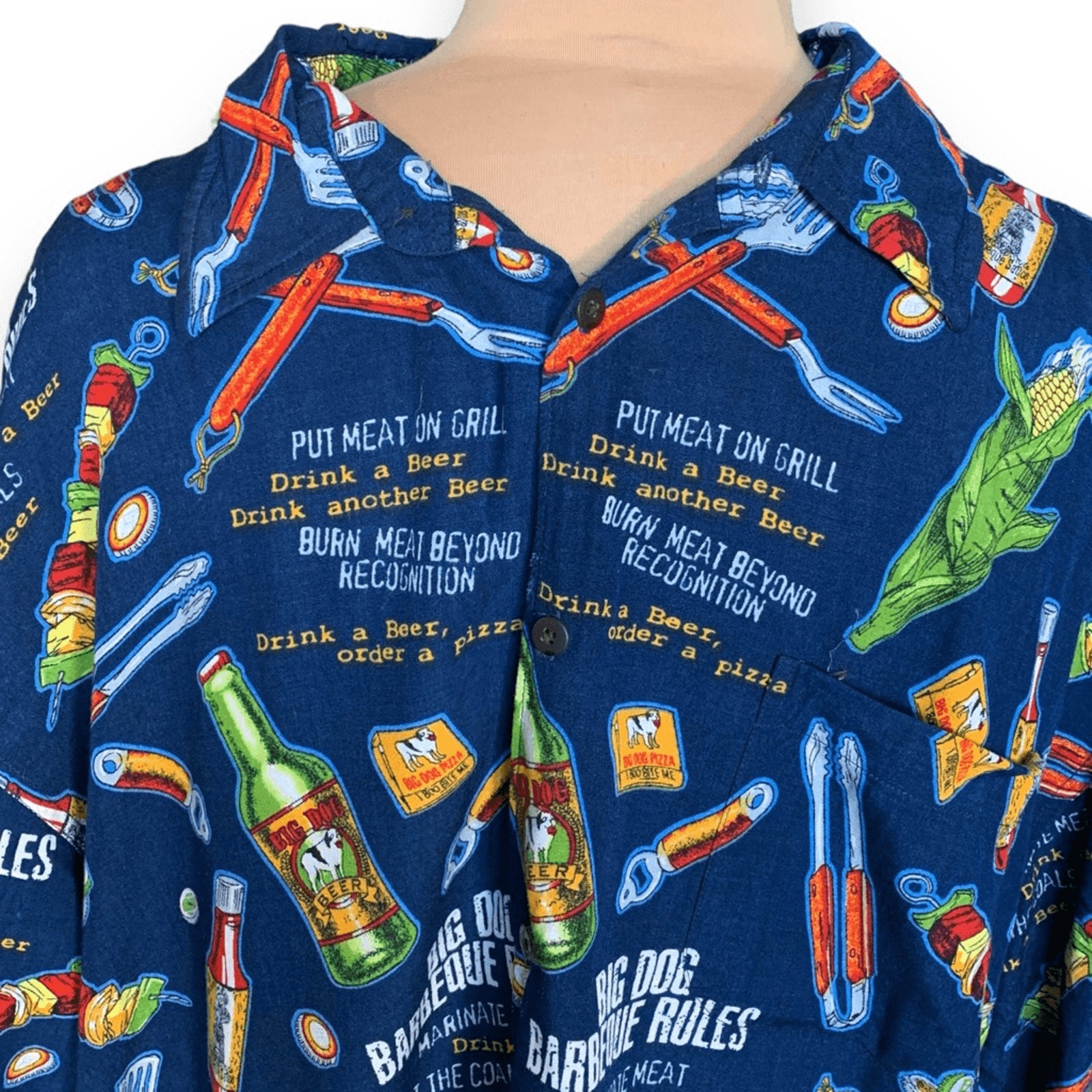 Big Dogs BBQ Rules Shirt 2X Rayon Hawaiian Grill Humor Beer Pizza Barbecue