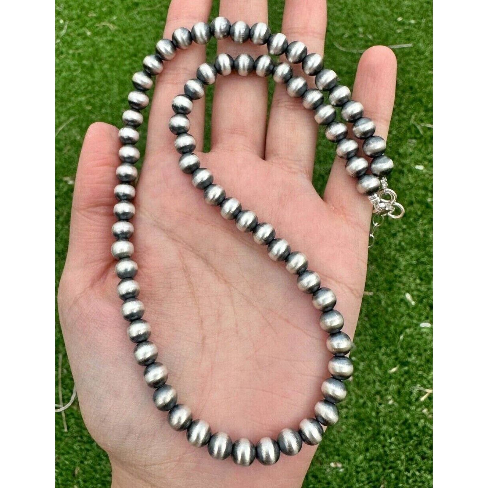 7mm 24 Inch Sterling Silver Oxidized Pearls Bead Necklace