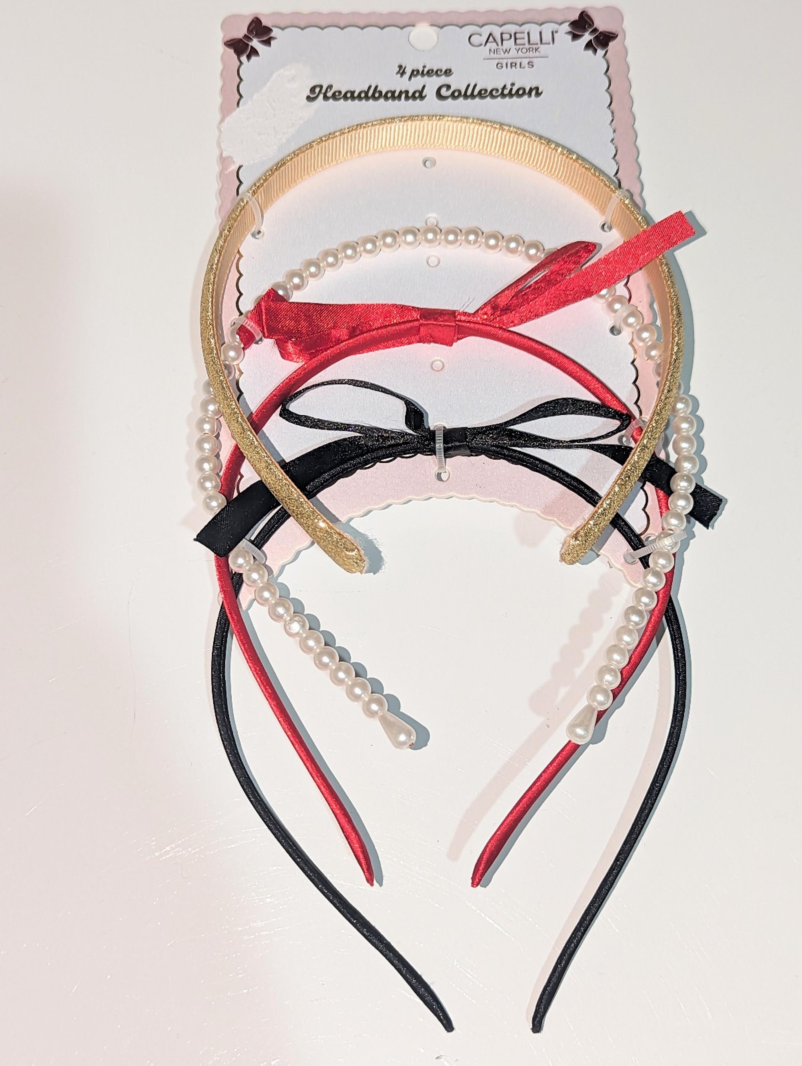 NWT, Capelli, girl's, 4 pc headband set,- red bow, black bow, gold glitter pearl