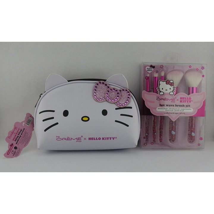 New Hello Kitty x Crème Shop Luv Wave Makeup Brush & Bag Sparkle Set Pink