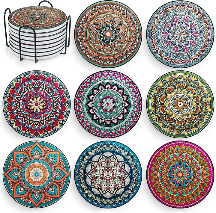 Drink Coasters with Holder - 8 Set Ceramic Boho Coaster for Drinks