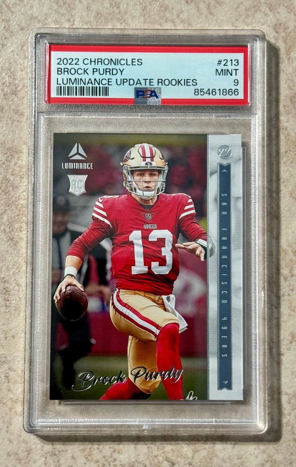 BROCK PURDY 2022 CHRONICLES LUMINANCE UPDATE ROOKIE RC #213 PSA 9 MINT