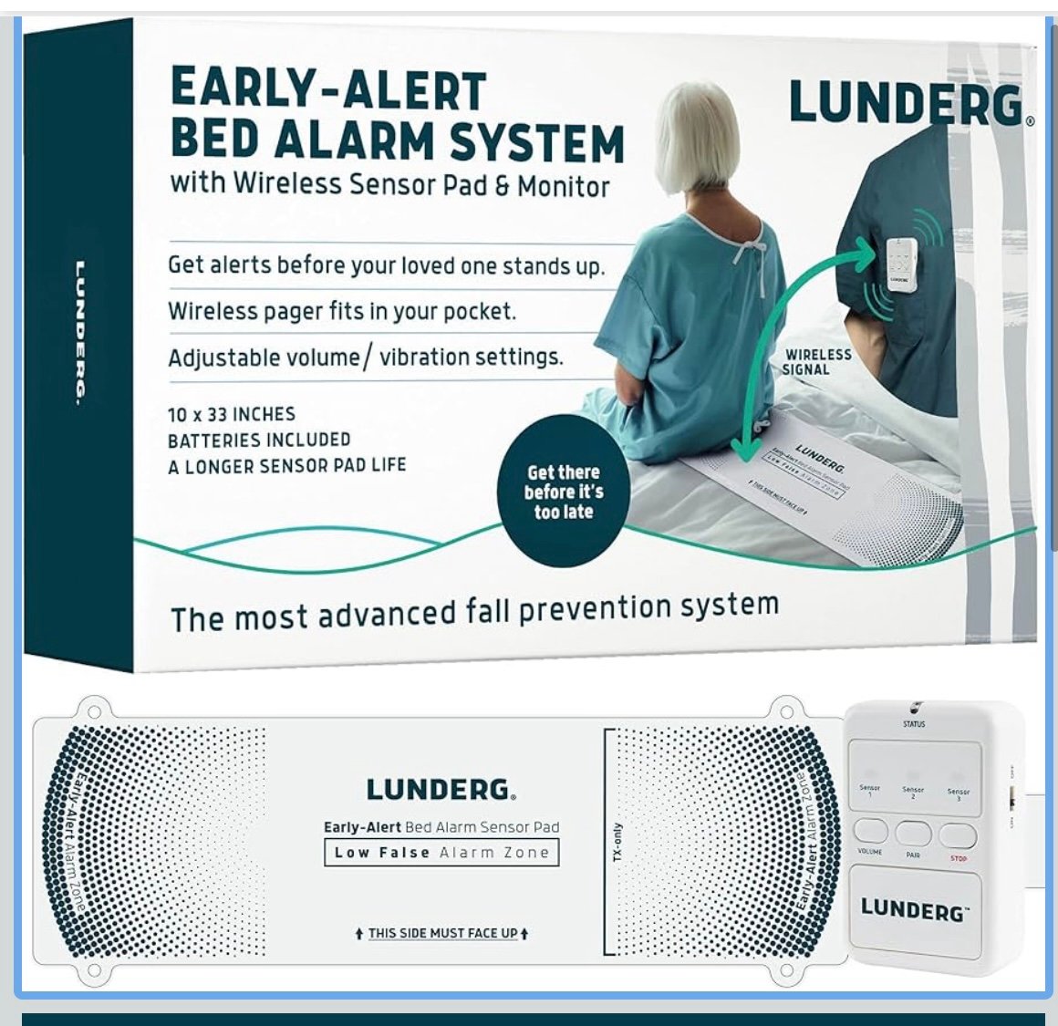 Lunderg Early-Alert Bed Alarm System with Wireless Bed Sensor Pad and Monitor