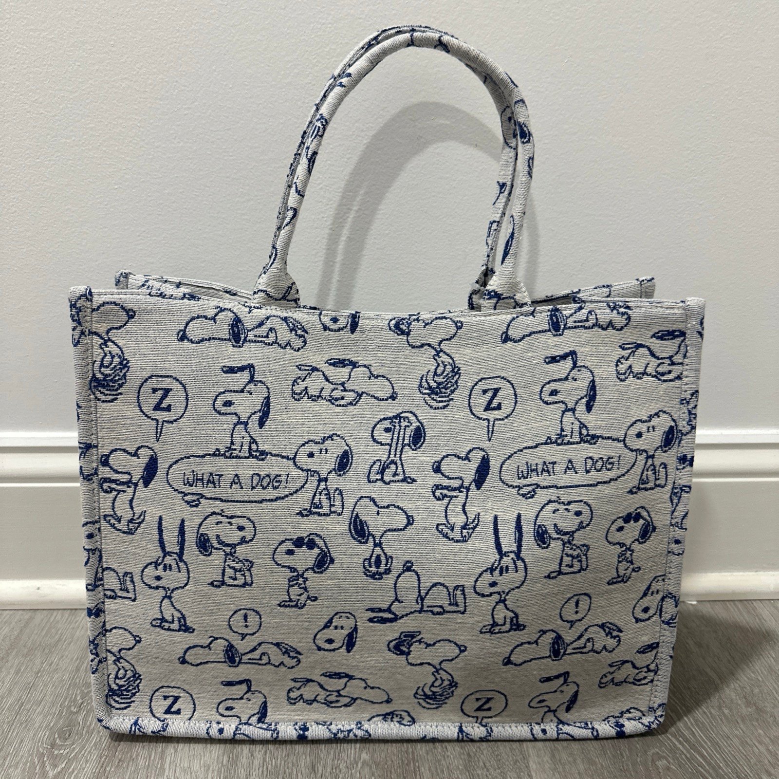 Peanuts Snoopy Jacguard Tote Bag Medium BLUE W14+H11 In Okaimono Snoopy Japan