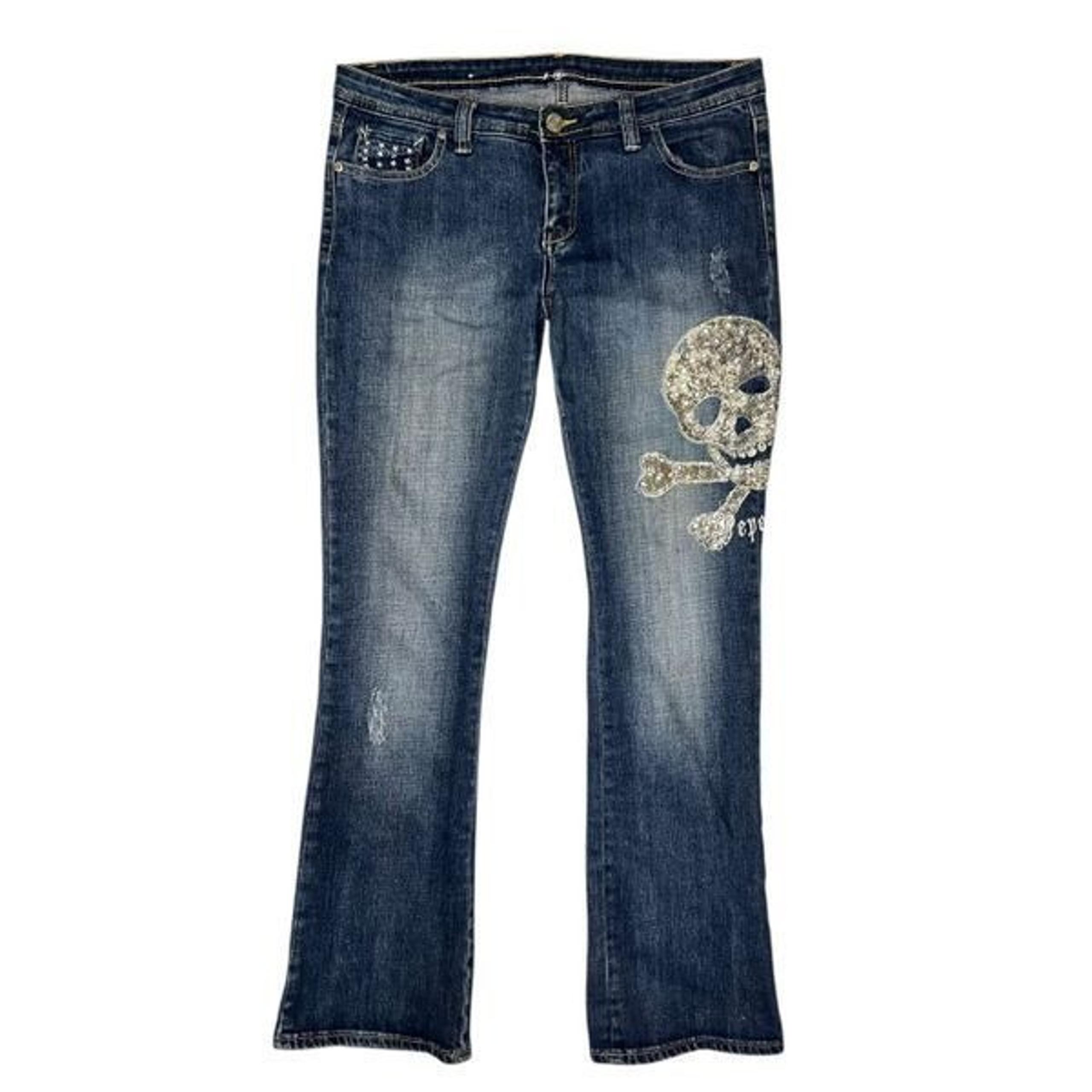Vintage Pepe Jeans Women’s 32 Flare Jeans Low Rise Skulls Rhinestones Denim Y2K