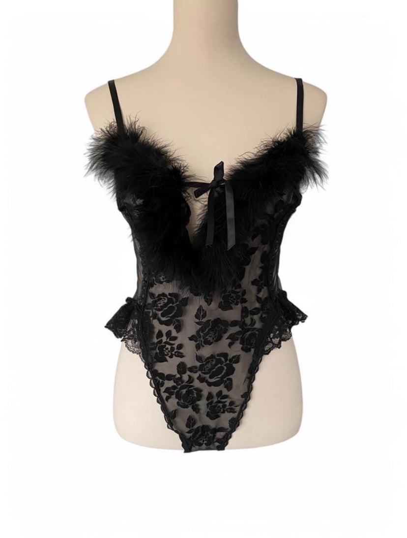 Vintage 90’s velvet mesh feather lace bow-tie thong bodysuit