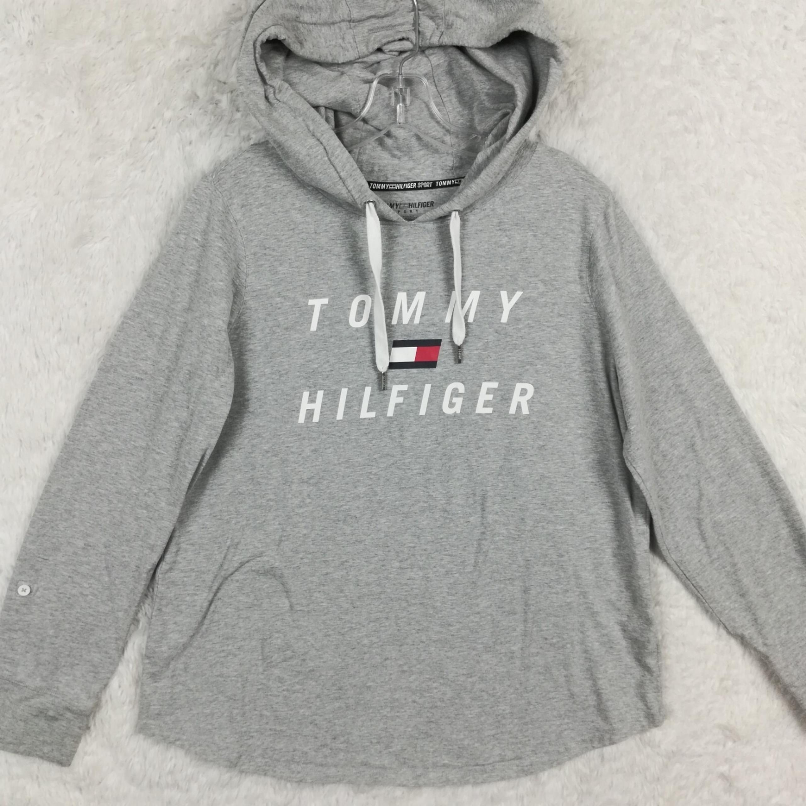 Tommy Hilfiger Sport Womens Sweatshirt Hoodie Gray Heather Roll Tab Sleeve L