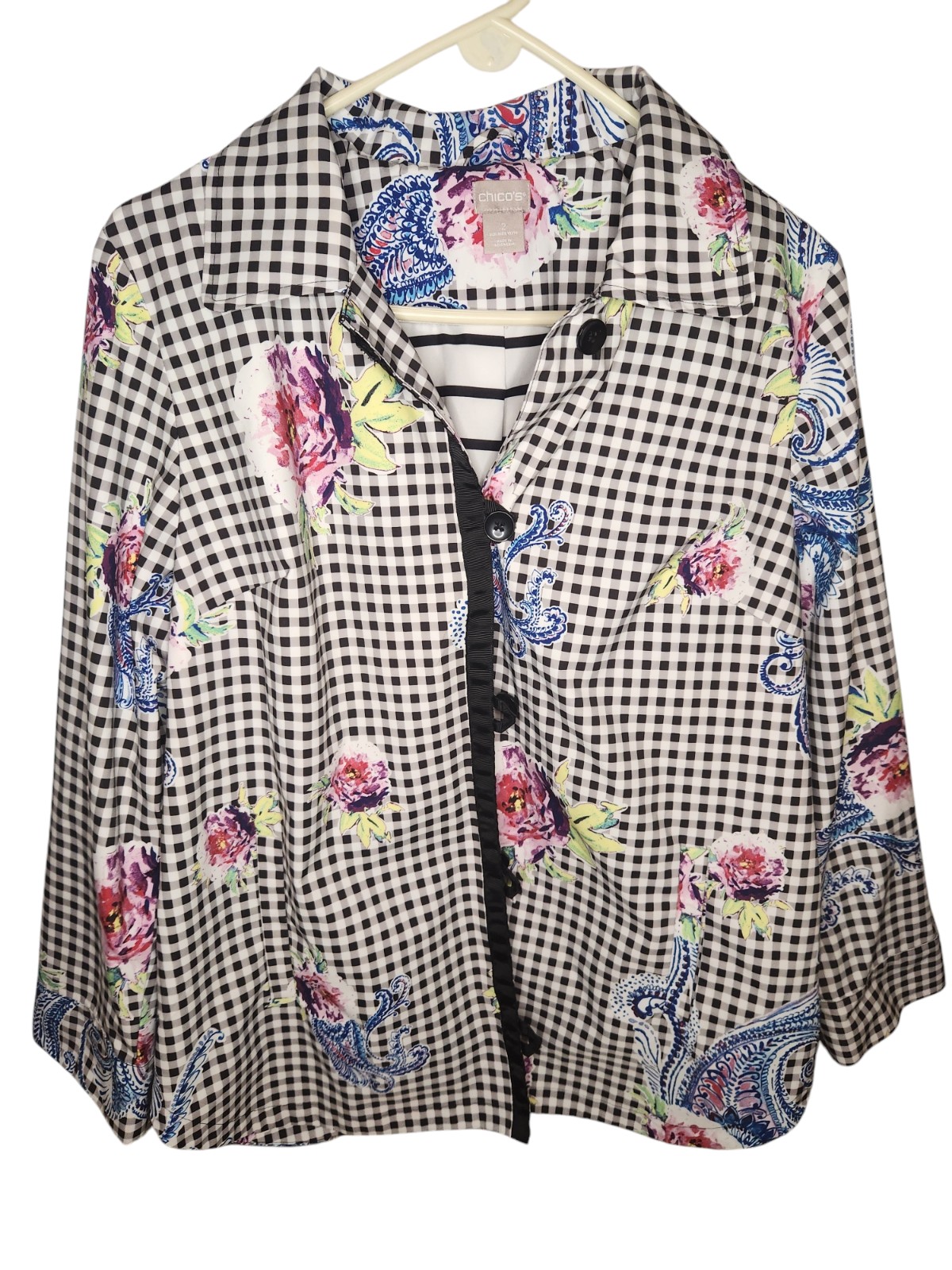 Chico's Gingham Hooded Rain Jacket Black/White Size 2 (M)