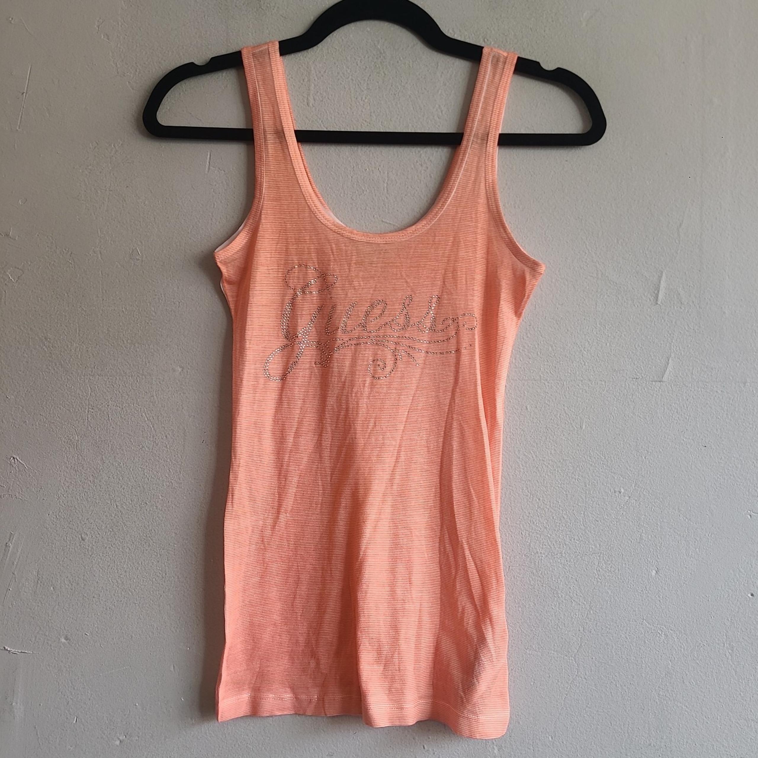 Women's small GUESS tank top shirt coral orange subtle white striped gemstones