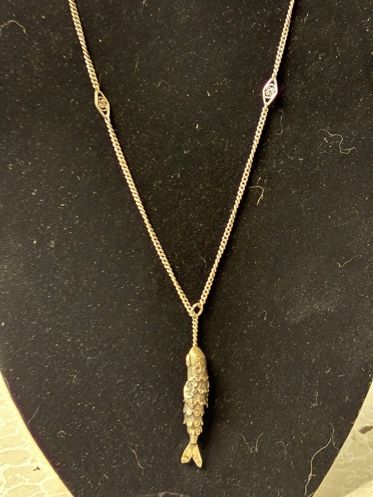 Vintage Sterling Silver 3D Articulated Fish Pendant on Original Chain
