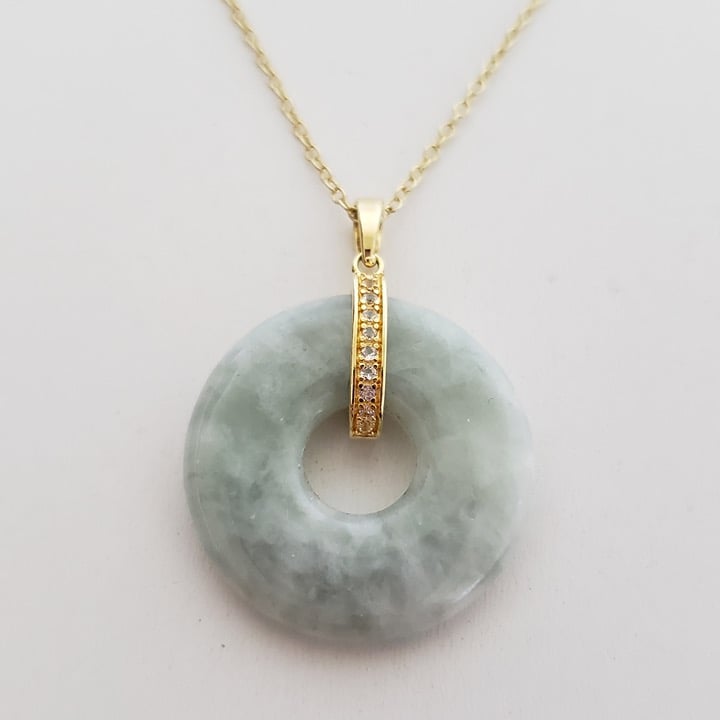 18K Gold Plate Sterling Silver Genuine Jade & White Topaz Pendant Necklace