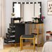 Vanity Desk with Lighted Mirror, Corner Vanity with Power Outlet, 3 Color Modes