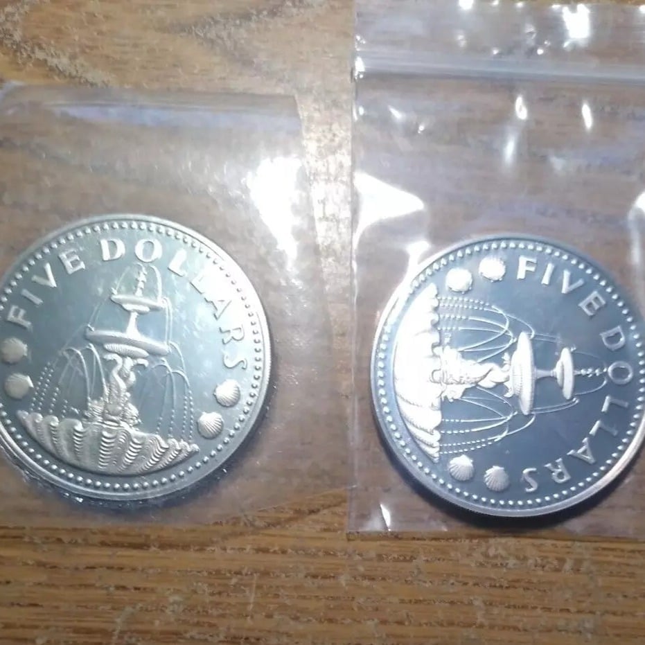 2 barbados 5 dollar silver coins 1973 1974