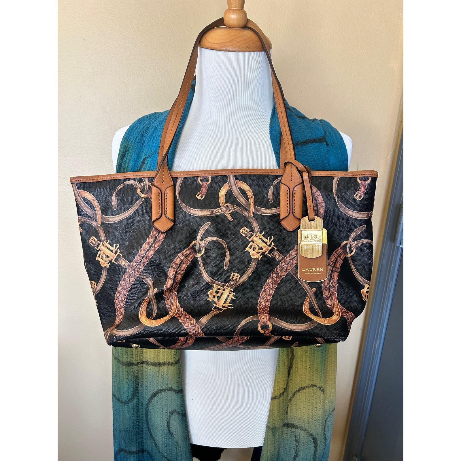 Lauren Ralph Lauren Tote Black and Brown Leather Medium Size Vintage