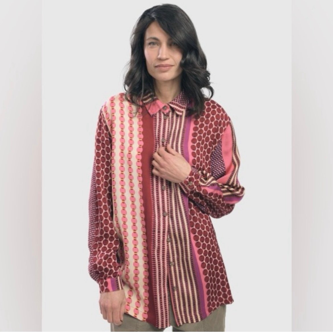 Alembika Sarah Mixed Pattern Button Up Collared Blouse In Berry size large/XL