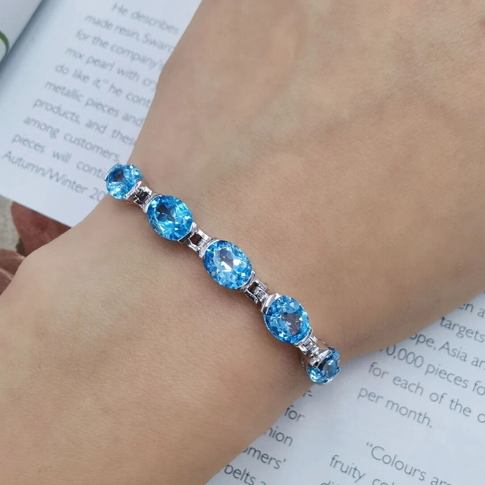 Natural Swiss Blue Topaz Oval Cut Gemstone Tennis Bracelet 925 Sterling Silver